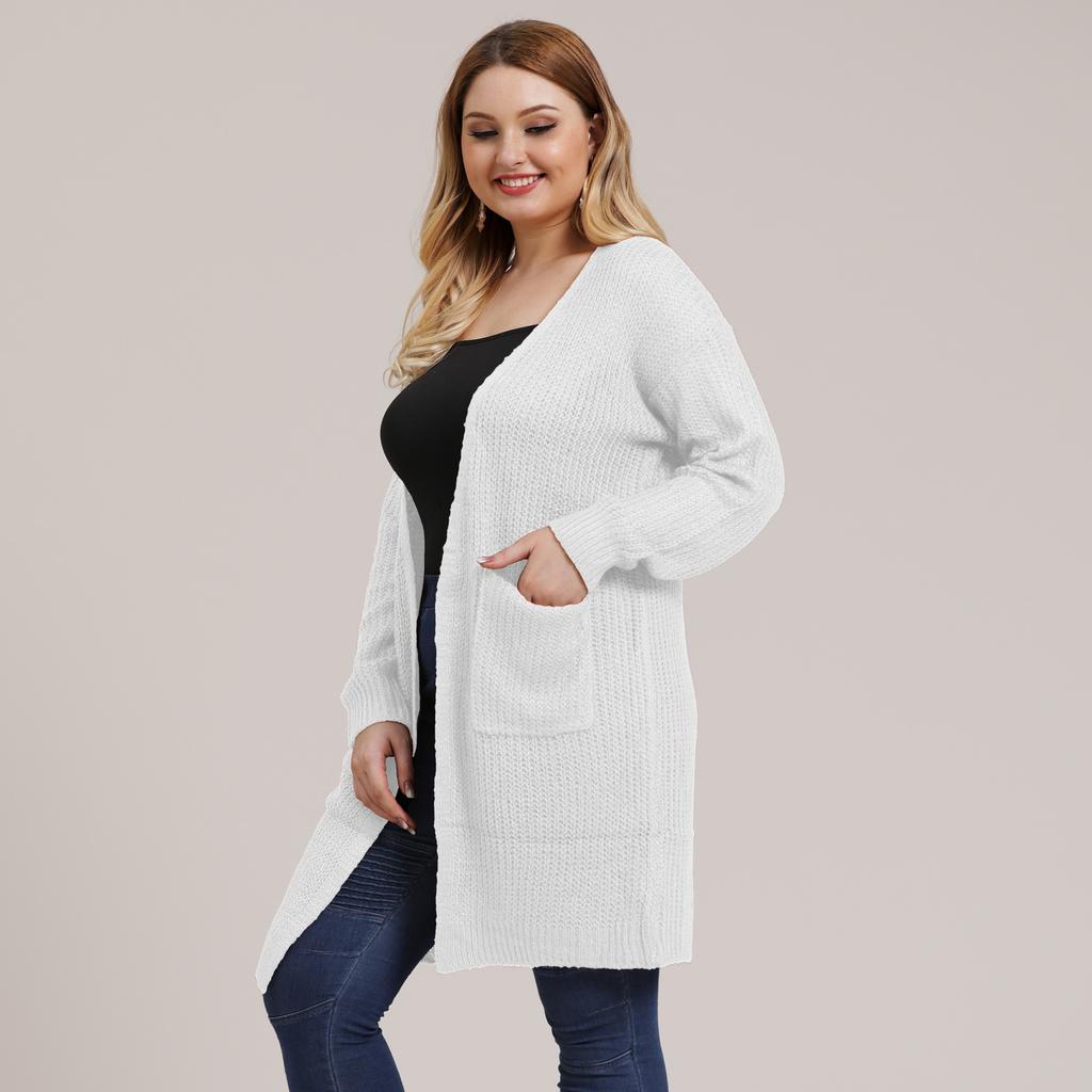 Autumn and Winter Large Size Women's Pocket Knitted Cardigan Mid-Length Sweater