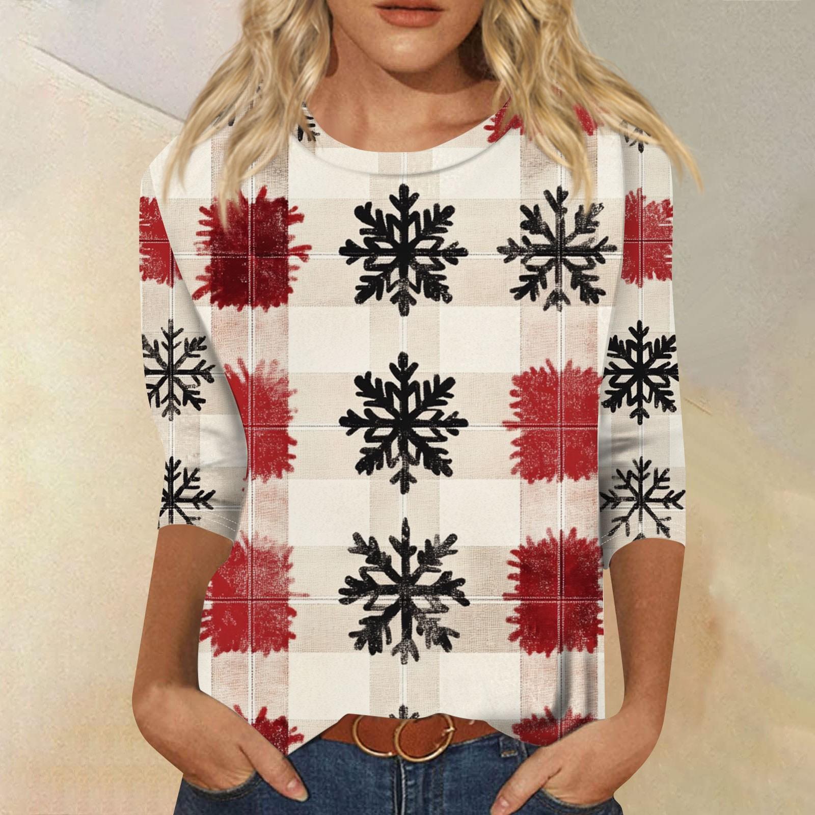 

Женская мода повседневная рубашка с круглым вырезом и рождественским принтом, семь рукавов XXXXL