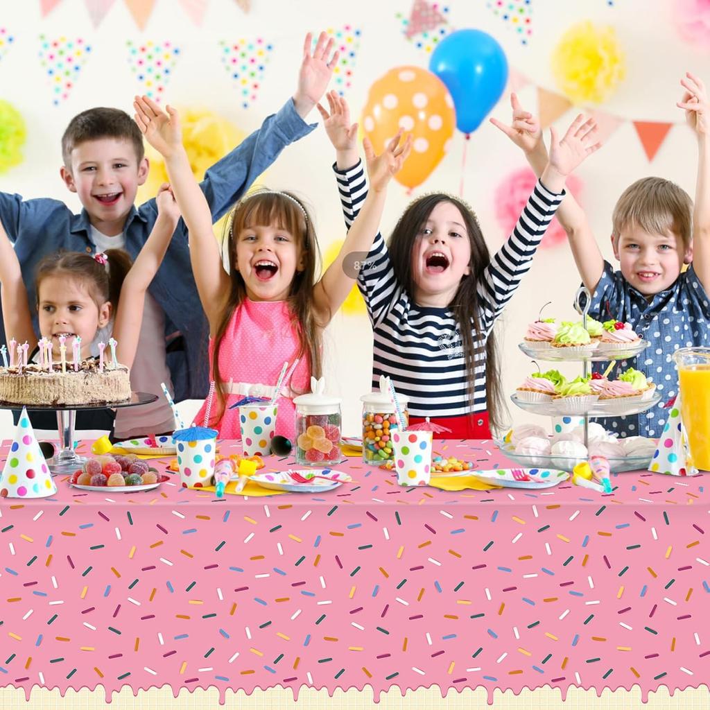 3Pcs Sprinkle Donut Tablecloth, Pink Ice Cream Table Cloth Disposable Plastic Rectangle Table Covers for Baby Girl Sweet One Birthday Donut Grow Up