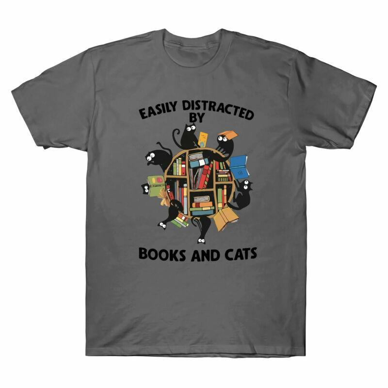 Black Distracted Easily Cats Tshirt Tee And By Sleeve Cats Funny Short Books