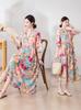 Retro Cotton-Silk Plus Size Women's Dress - Loose Fit, Slimming, Vacation Style, Printed Long Skirt, Round Neck