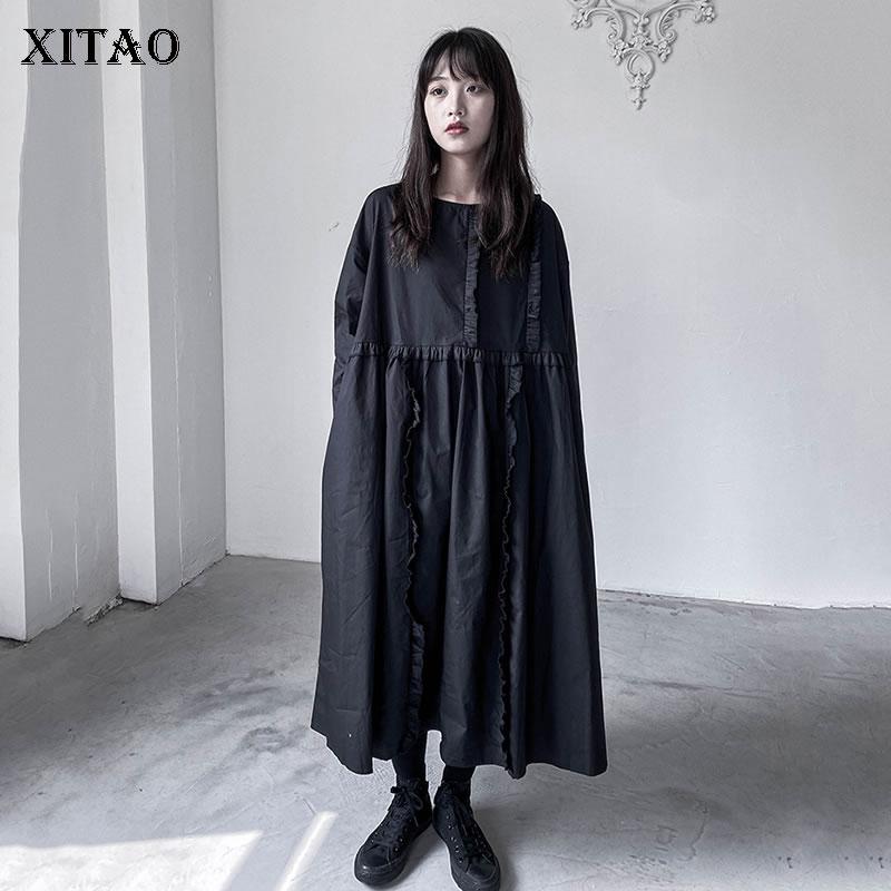 

XITAO Черное кружевное платье с грибком, весенне-осеннее новое корейское свободное повседневное однотонное платье средней длины с круглым вырезом, повседневное женское GWJ0526