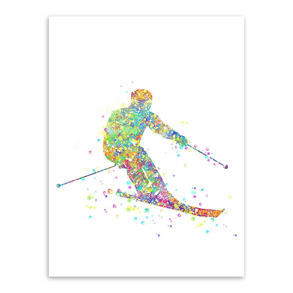 Watercolor Canvas Painting Skiing Sports Modern Minimalist Boy Bedroom Decorational Picture Canvas Wall Art Home Decor