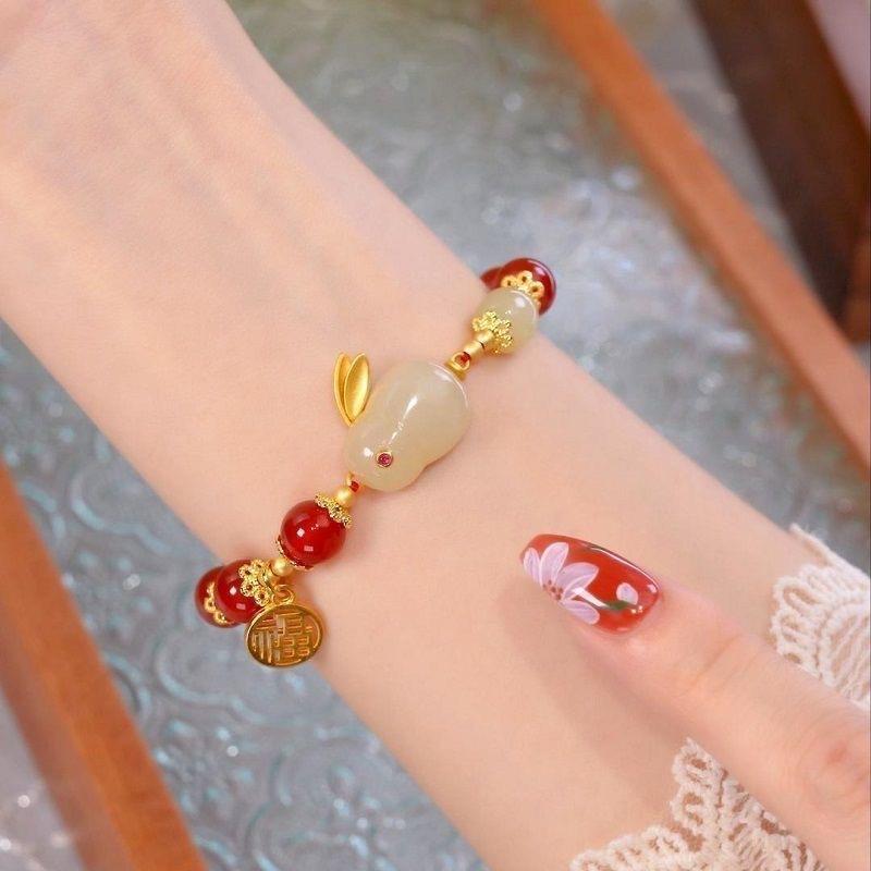 Year Lucky Rabbit Beaded Bracelet for Women Elegant Red Beads Fu Letter Charm Bracelet Chinese Jewelry Festive Gifts