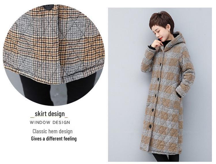 Women's Mid-length Plaid Cotton Coat - Velvet-lined, Thickened for Autumn/Winter