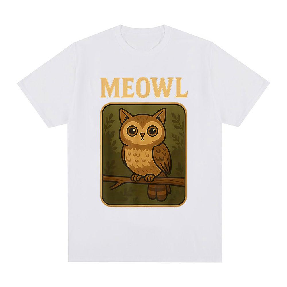 Meowl Cat Owl Funny Meme Graphic Tshirts Mens Clothing Fashion Harajuku Short Sleeves Tees Cotton Summer T Shirts Streetwear