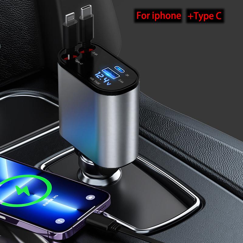 100W 4 IN 1 Retractable Car Charger USB Type C Cable For IPhone Huawei Samsung Fast Charge Cord Cigarette Lighter Adapter X4W3