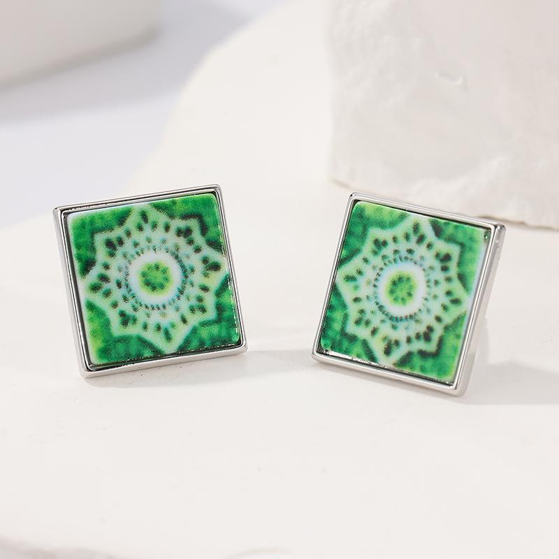 Богемные этнические серьги-пусеты квадратной формы с принтом мандалы для женщин и мужчин. Лаконичный дизайн, праздничные, отпускные ювелирные аксессуары. green