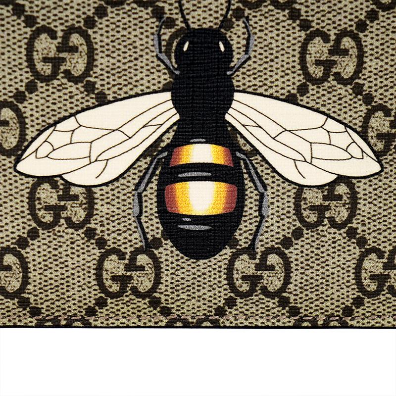 Gucci Bienenprint Logo Kurzes doppelt gefaltetes Canvas und Leder Portemonnaie Herren Portemonnaie Ebenholz 451268K5V1N8666