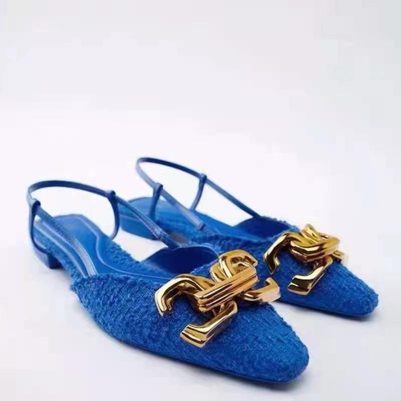 2025 Spring Newest Brand Women Sandal Fashion Buckle Shallow Ladies Elegant Blue Mules Flat Heel Female Dress Slides Shoe