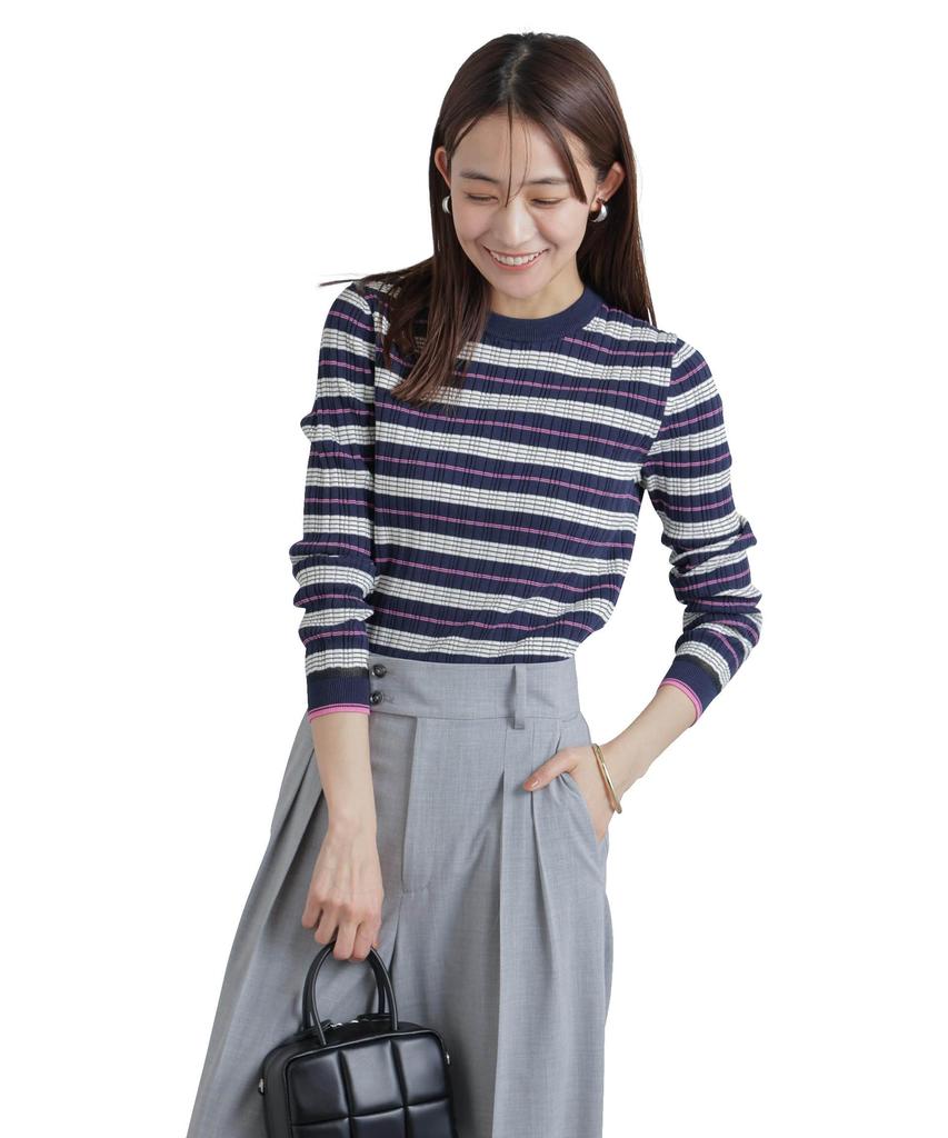 Nano Universe Random Rib Border Knit Top be paired with other Medium Navy (Can items)