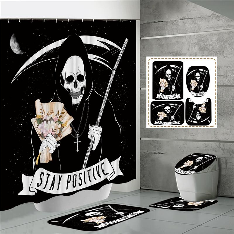 HOT Halloween Ghost Pumpkin Skull Shower Curtain Set with Non-Slip Rugs Toilet Lid Cover and Bath Mat Washable Trick or Treat