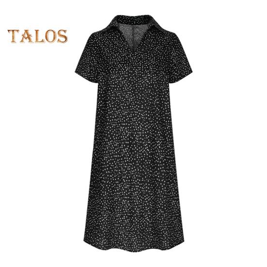 Summer Dress Dot Printing Short Sleeves Loose A-line Shirt Dress V Neck Knee Length Midi Dress for Dating Travel Vacation
