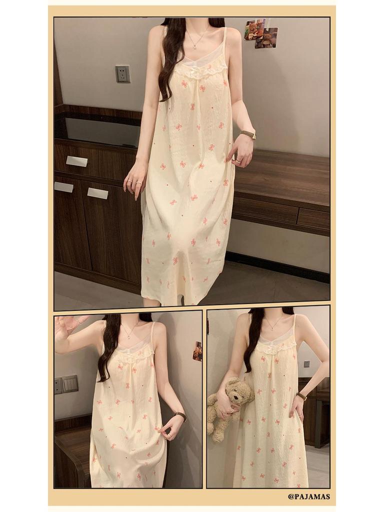2026 Women's Cloud Cotton Spaghetti Strap Nightgown with Chest Pads, Sweet Long Dress for Home or Outdoors