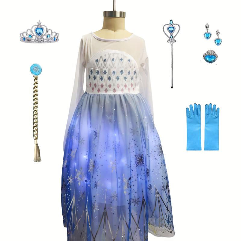  Elsa Princess Dress Long Sleeve Girls Costume Halloween Cosplay Gown with Cape Train Kids Party Dress
