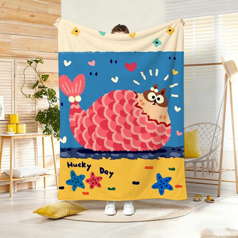 Painting Cute Cat And Fish Throw Lightweight g Flannel Blanket Soft Skinfriendly for Summer Cooling