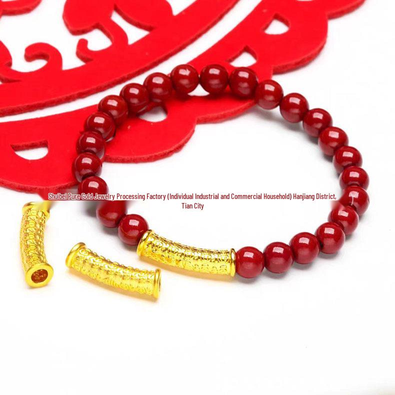 Gold Cinnabar Pixiu Bracelet with Lucky Beads and Curved Tube for Women – 999 Pure Gold DIY Gift