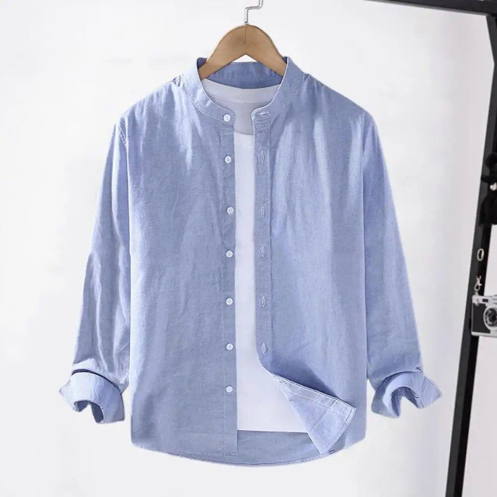 Men Spring Shirt Single-breasted Stand Collar Cardigan Shirt Long Sleeevs Loose Oversized Mid Length Men Fall Top