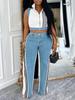 European and American Women's Sleeveless Patchwork Striped Jeans Two-piece Set - Summer Collection