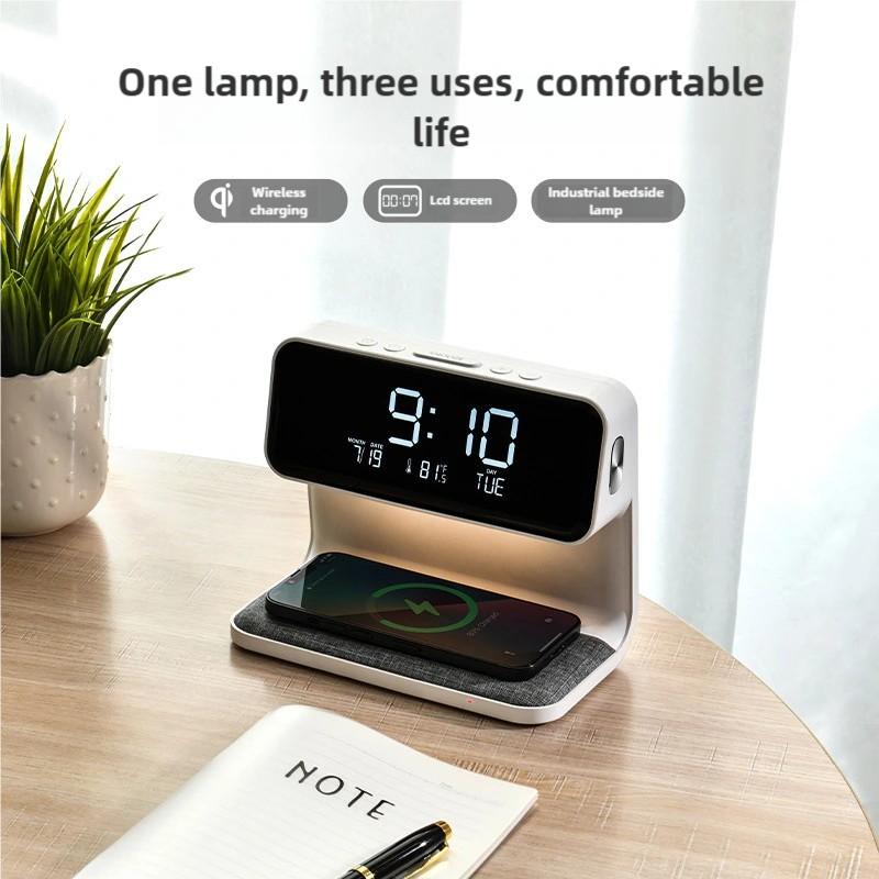 3 In 1 Multi-Function USB-C Alarm Clock With 15W QI Wireless Charger Thermometer LCD Screen Night Light Bedroom Touch Desk Lam