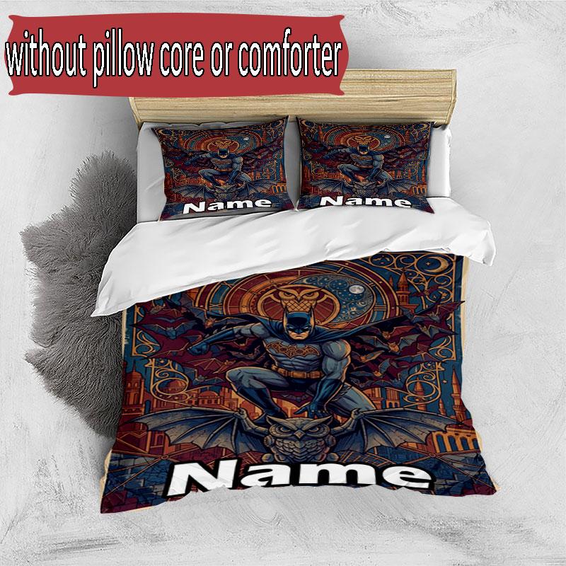 3pcs Duvet Cover Set (1*Duvet Cover + 2*Pillowcase, Without Core), Custom Name Batman Pattern Bedding Set, Home Bedroom Decor Gift