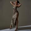 Women Spring Sleeveless Leopard Print Strapless Camisole Dress Summer Casual Slim Ankle-Length Backless High Waist Slit Pencil Dresses S-XL
