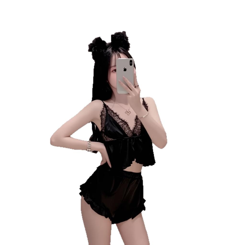 Sexy underwear French ice silk split two-piece sling sexy hollow soft and comfortable set