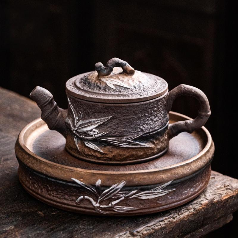 Gilded Iron Glaze Bamboo Coarse Pottery Tea Pot Old Rock Mud Tea Maker Handmade Retro Kung Fu Tea Set