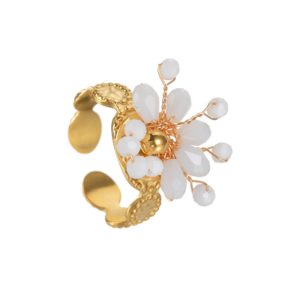 Atoztide Fashion Beaded Flower Open Ring For Women Stainless Steel Exquisite Colored Flower Adjustable Finger Ring Jewelry Gift