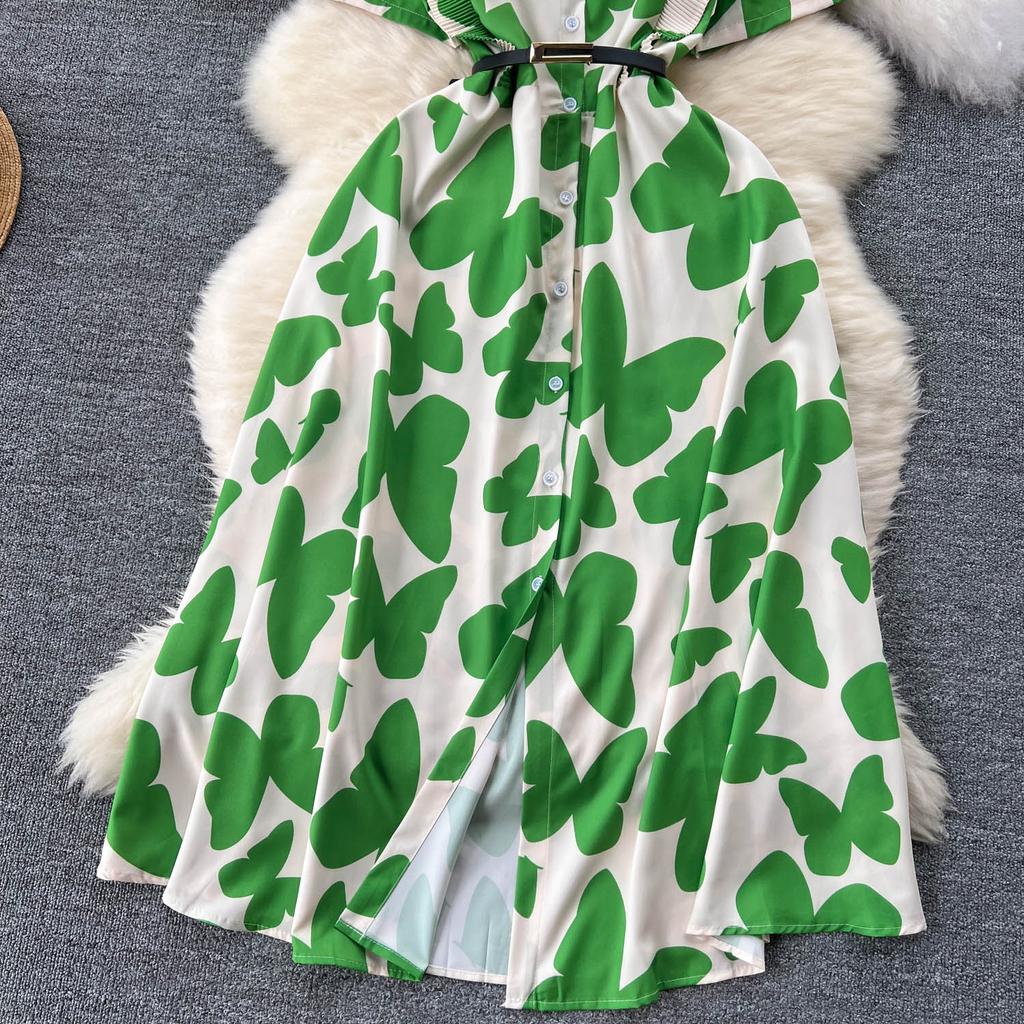 Šik Elegantní Potisk Jedlá Stromová Houba Krátký Rukáv Elegantní Zavinovací Límec Bodycon Šaty Módní Štíhlé Letní Šaty