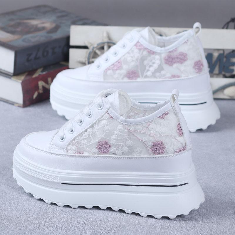 8CM Platform Heel Wedge Shoes Sneakers Pumps White Platform Air Mesh Hollow Pumps Shoes Women Zapatos De Mujer