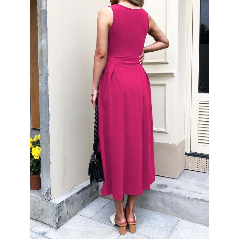 

Pleated Dress2025 European and American Summer Women clothes Temperament Fashion Vest Square Collar Mid Waist Pleated Dress Rose Red XL