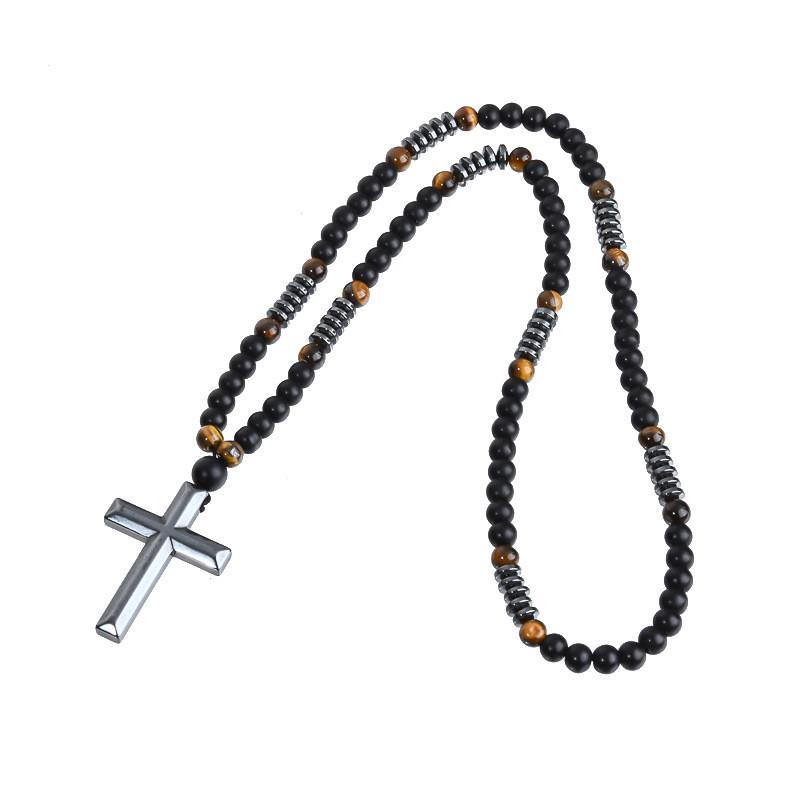 Obsidian Tiger Eye Hematite Cross Beaded Necklace For Men Fashion Accessory L 63cm