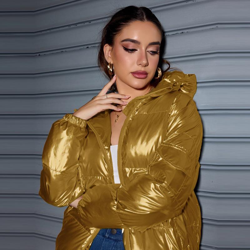 Winter Trendy Shiny Hooded Down Coat Women Long Sleeve Solid Color Slim Fit Cotton Warm Parkas Jacket