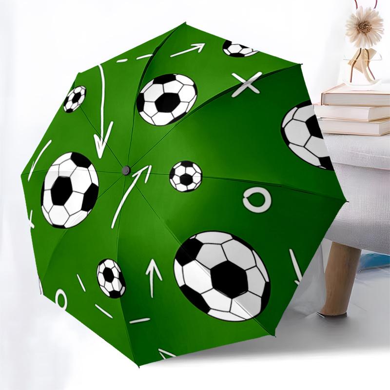 Soccer Ball Pattern Automatic Opening/Closing Umbrella - Portable Tri-Fold Design with 8-Bone Iron Frame - Outdoor Rain Gear for Fans, Trave
