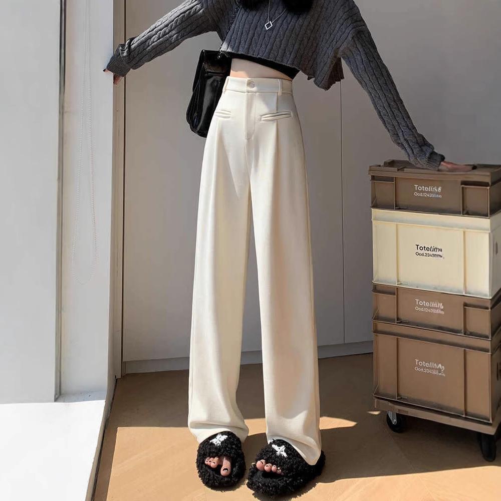 Women's Beige High-Waisted Wide-Leg Knitted Slim-Fit Trousers for Spring and Autumn, Fleece-Lined for Winter