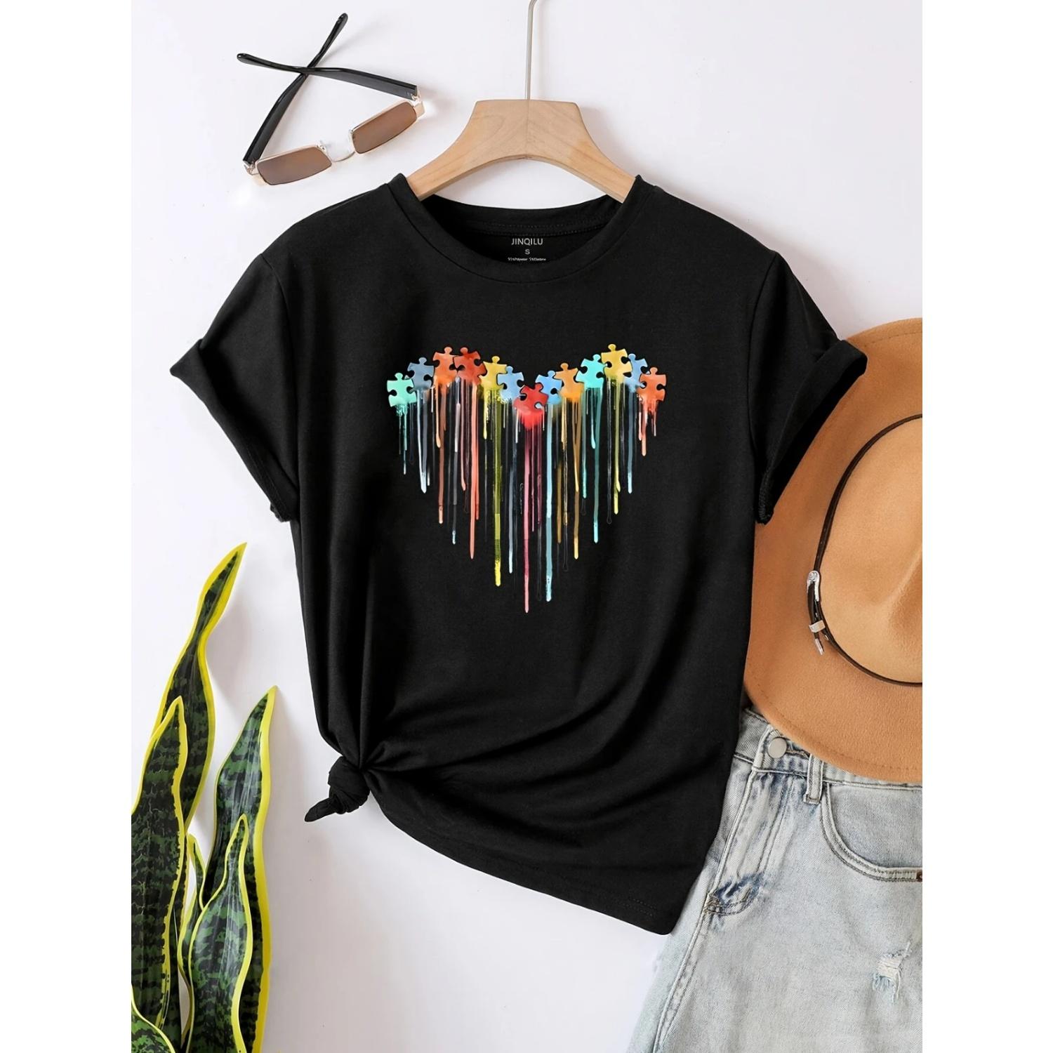 

Puzzle Heart Graphic Tee for Women Casual Crew Neck Short Sleeve Black with Colorful Dripping Paint Design S чёрный