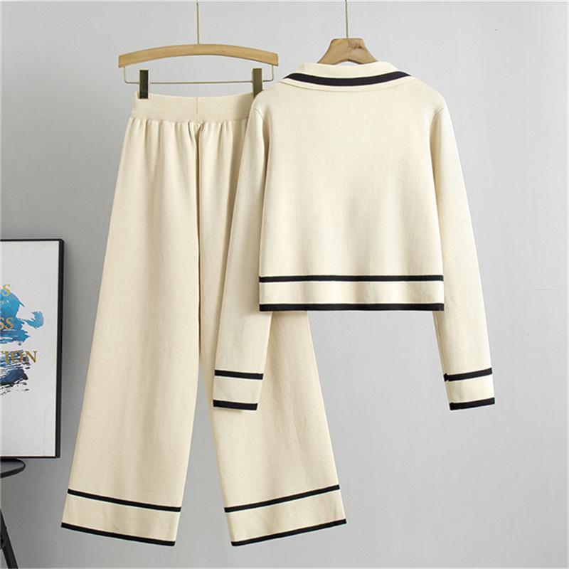 Autumn And Winter Knitted Wide Leg Pants Two Piece Suit Short Style Small Fragrance Fashionable Casual Suit For Women