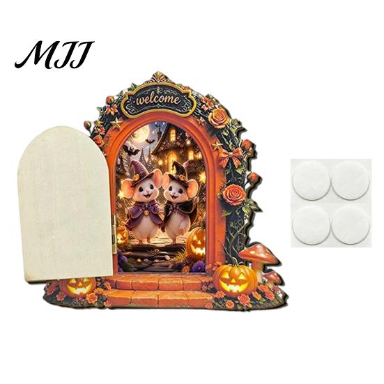 Unique Halloween Shelf Decor Mouse Hole Wall Decoration, Retro Arched Fairy Door with Pumpkin Cute Room Accessories & Flower Decor, Miniature Openable