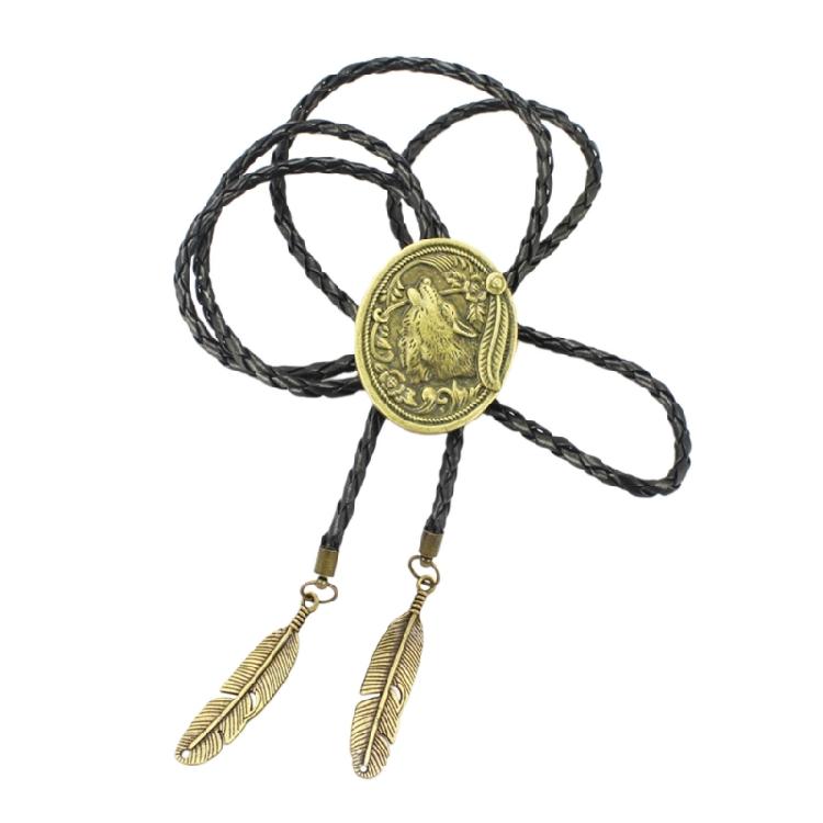 Herren Amerikanische Bolo Krawatte Vintage Cowboy Western Metall Wolfskopf Anhänger Halskette