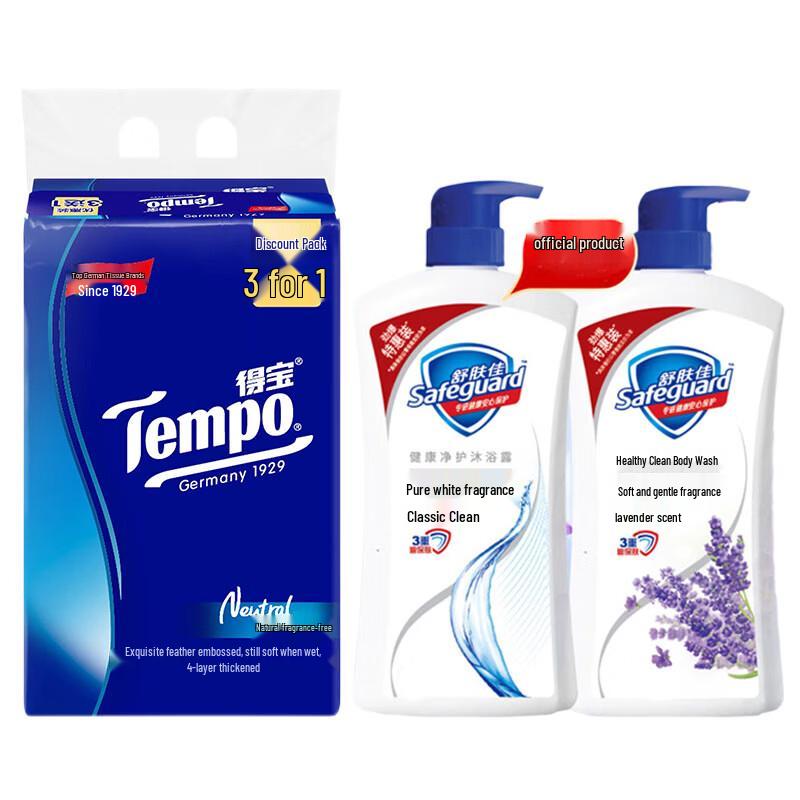 Набор: Бумажные салфетки для лица Tempo 4-слойные и гель для душа