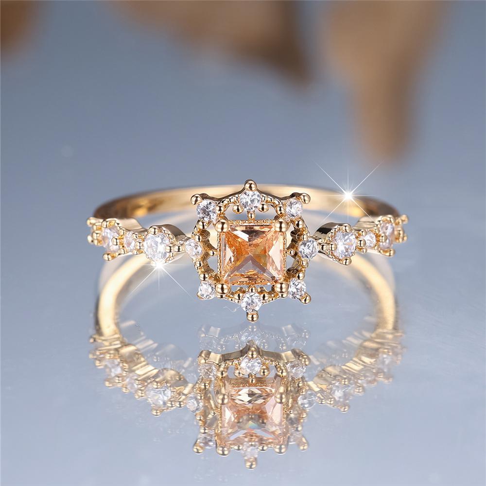 Princess Cut Champagne Zircon Engagement Rings for Women Vintage Gold Color Finger Ring Wedding Party Jewelry