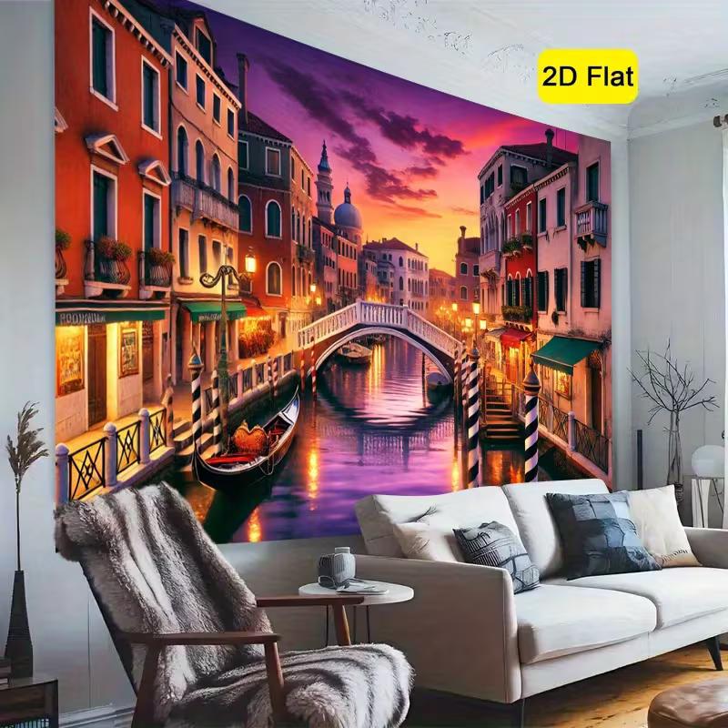2D Romantic Backdrop, Venetian Canal with Historic Buildings and Twilight Sky Background