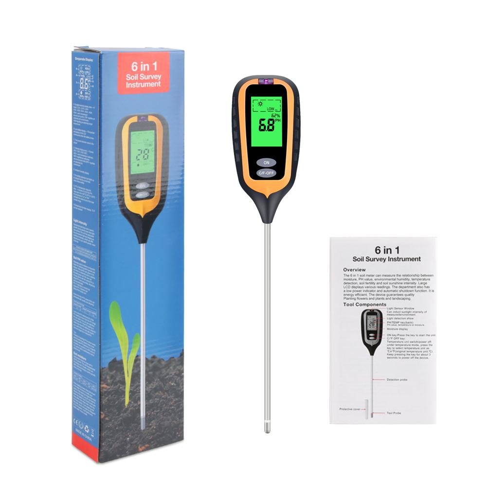 

Yieryi 6-в-1 Тестер почвы pH-метр Влажность Плодородие Свет Влажность воздуха Температура Измеритель Детектор для ухода за растениями в саду и газоне