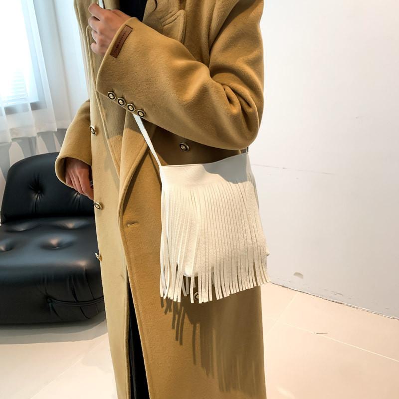 Vintage Style Bucket Bag For Women With Trendy Fringes And Casual Design In Black Gray Brown Pink And White