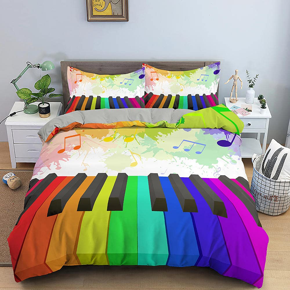 Retro Music Theme Piano Soft with Soft Fabric Duvet Cover - Rotating Musical Notes Design, Black And White Stave, for Young Girls