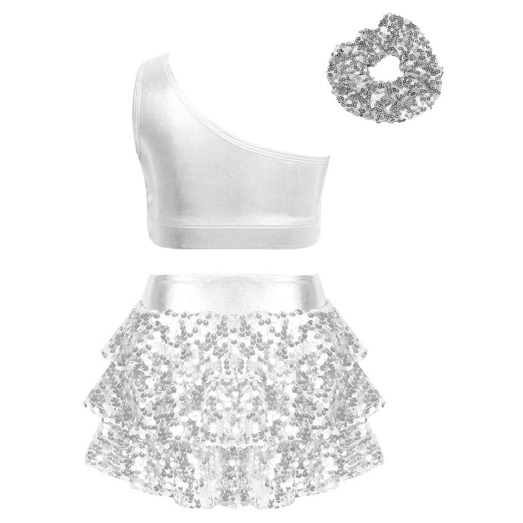 Jenter Enskulder Dansekostyme Glitrende Paljett Crop Top med Lagdelt Volangskjørt Shorts og Matchende Hårtilbehør