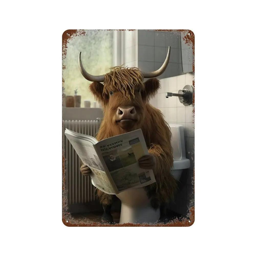 Funny Animal Posters Metal Tin Sign Plaque Dog Monkey Reading Newspapers Decorative Plates For Toilet Bathroom Wall Art Decor