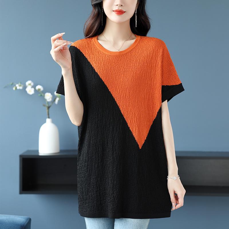 Large Size Loose Color Blocked Ice Silk Medium Long Casual Short Sleeved Knitted Top for Women