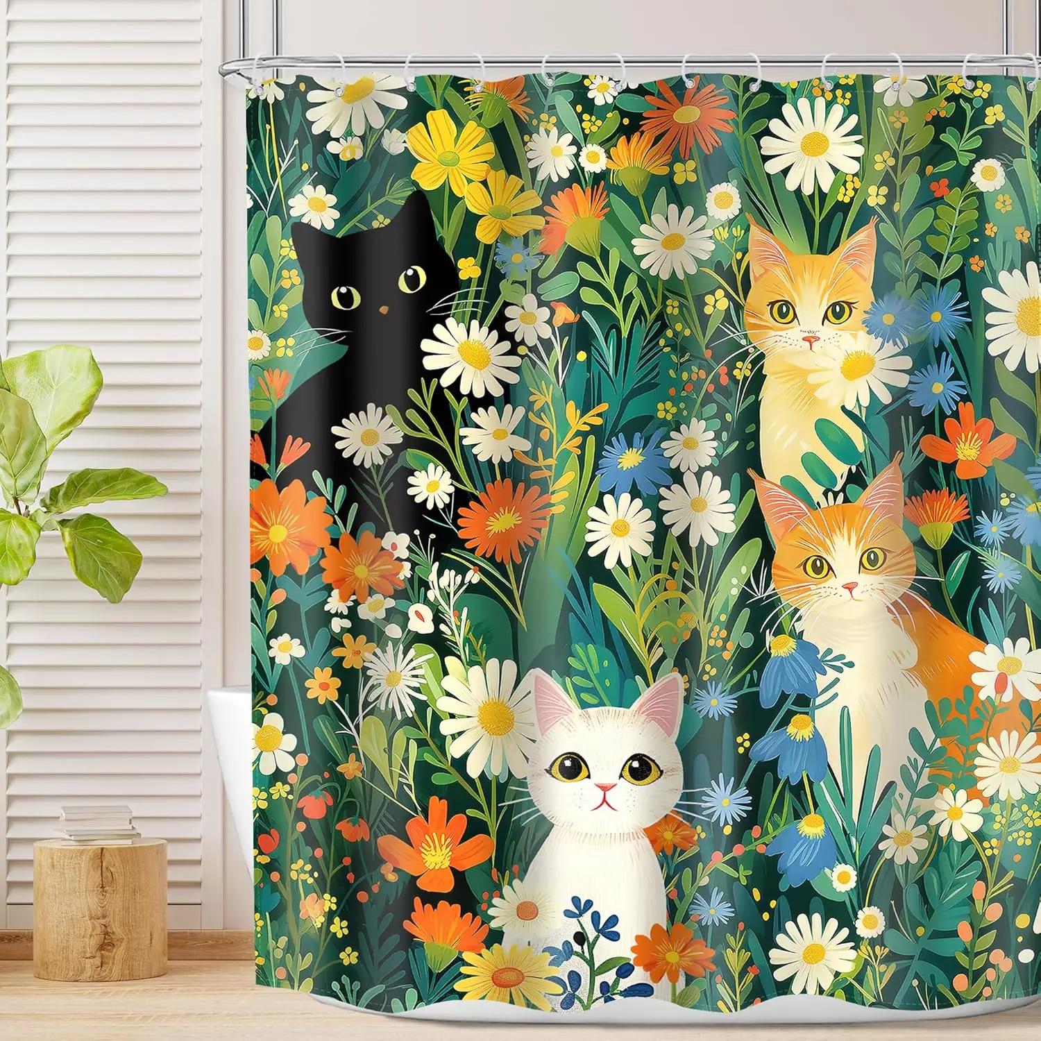 

Blooming Cat Shower Curtain-Cute Kitten On Vibrant Floral Background, Cheerful Bathroom Decorative Shower Curtain W60H190(CM)-1 Pcs